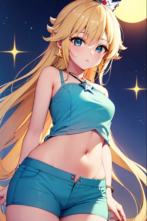 rosalina, rosalina, blonde hair, blue eyes, hair over one eye, long hair,small breasts, micro shorts, white shorts, lower part o...