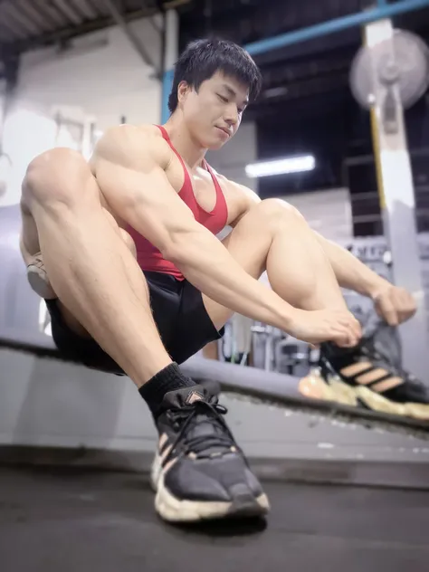  man in a red tanktop tying up his shoes, korean muscle boy 2 1 years old, strong legs, muscular!!, strong pose, muscular thighs, muscular legs, legs and arms, flexing, lean but muscular, posing and flexing, chest legs, in a gym, working out, most stronges...