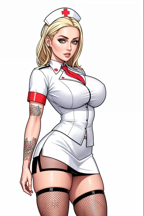 Sexy nurse,  fishnet stockings, standing, blank background, white background, blonde hair, tattoos, short skirt