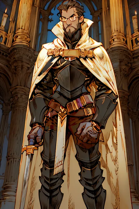 1boy, male, black hair, gray hairs, short hair, wavy hair, dark skin, dark-skinned male, armor, well built, glasses, megane, serious, brown eyes, dynamic pose, tall male, adult male, (black armor), (golden cape), cape, facial hair, short beard, masterpiece...