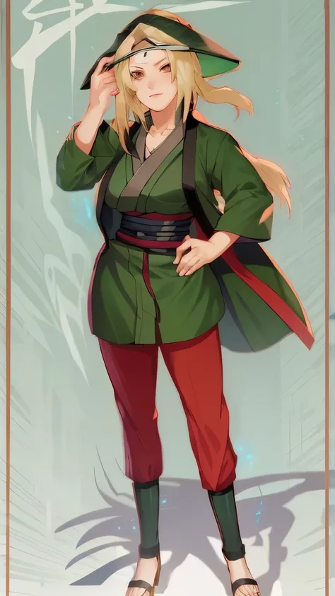 a cartoon of a woman in a hat and a jacket, tsunade from naruto, haruno sakura, !!full body portrait!!, inspired by Kusumi Morikage, from naruto, sakura haruno in slug sage mode, anime style character, inspired by Sakai Hōitsu, fox nobushi, as an anime cha...