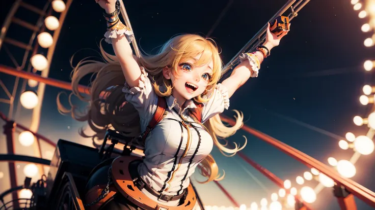 beautiful anime woman, riding a roller coaster. wide eyes, excited happy face, arms raised above head, fun, excitement, nighttime, lots of colored lights, realism.