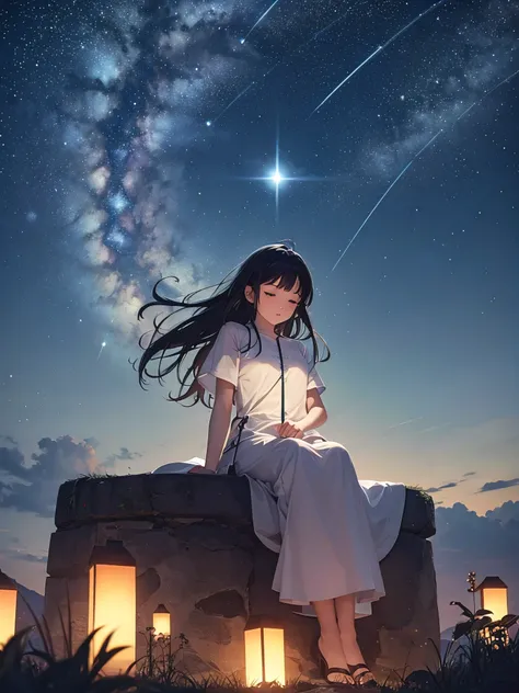 Masterpiece, top quality, 32K ultra HD, sharpen, octans, sky, star (sky), scenery, starry night, solitaire, outdoors, 1 boy with sword , admiring, seated, fragile charm, night sky, silhouette, city skyline, tree, long hair, cascading, shimmering milky way,...