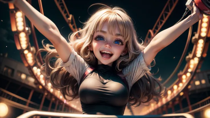 beautiful anime woman, riding a roller coaster. wide eyes, excited happy face, arms raised above head, fun, excitement, happy people, nighttime, lots of colored lights, realism.