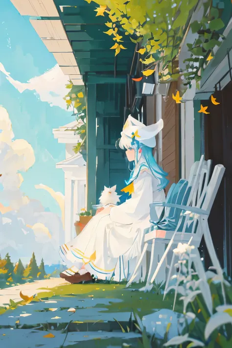 In the serene scene of a tranquil garden, a white-dressed girl with a charming white hat sits in an outdoor seating area, posing with a side profile view. Surrounding her is the picturesque beauty of white Persian cat, its curious bowed head peering curiou...