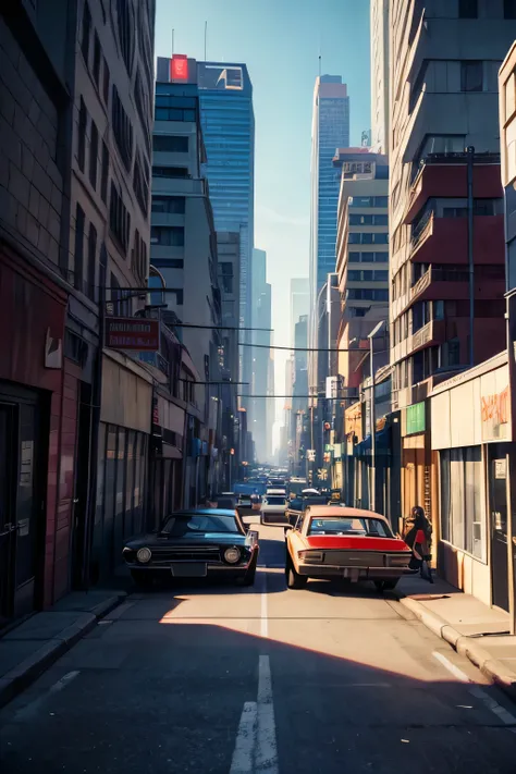 Trailer de Grand Theft Auto, Street with cars and buildings, , ambiente de grande escala, in the style of narrative compositions, realista, but romantic, retroonda, Desenhos fotorrealistas