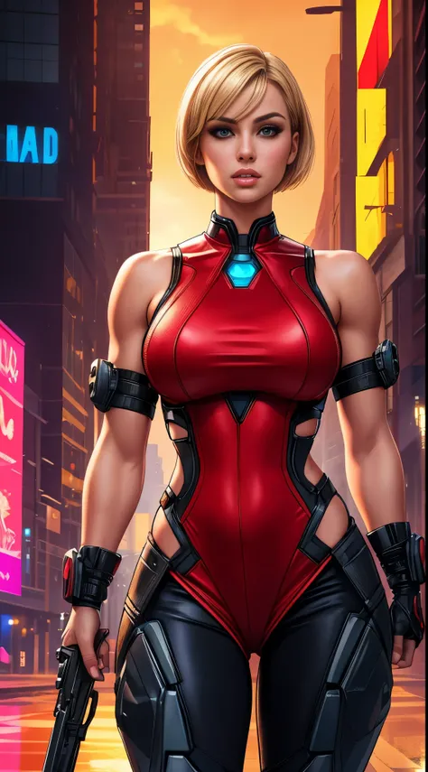 (best quality,4k,8k,highres,masterpiece:1.2),ultra-detailed,(realistic,photorealistic,photo-realistic:1.37), short red dress, undercut platinum bobcut blonde hair, beautiful detailed eyes, beautiful detailed lips, small breasts, fit and muscular physique, ...