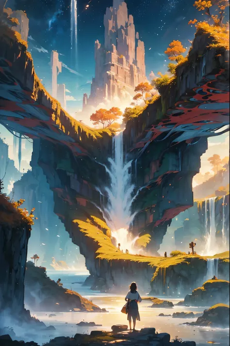 (by Ananta Mandal (and Andrew Biraj:0.5)), (in the style of nihonga), Style: Abstract, Medium: Digital illustration, Subject: An otherworldly landscape with floating islands, cascading waterfalls, and vibrant flora and fauna. Camera Angle: Overhead shot ca...