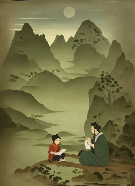 painting of a man and  sitting on a hill with a mountain in the background, inspired by Emperor Huizong of Song, inspired by Shen Shichong, inspired by Dong Yuan, inspired by Yun Shouping, inspired by Ma Yuan, inspired by Xie Shichen, inspired by Wang Yuan...