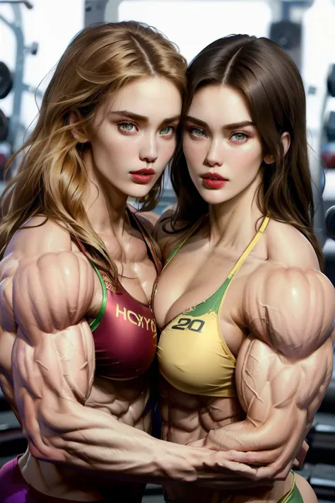 (2 girls body builders:1.6), ((masterpiece)), best quality, ultra-detailed:1.7, finely detail, high resolution:1.6, perfect dynamic composition, beautiful detailed faces:1.77, blonde babes:1.88, perfect red lipstick, perfect makeup:1.8, short denim bikini ...