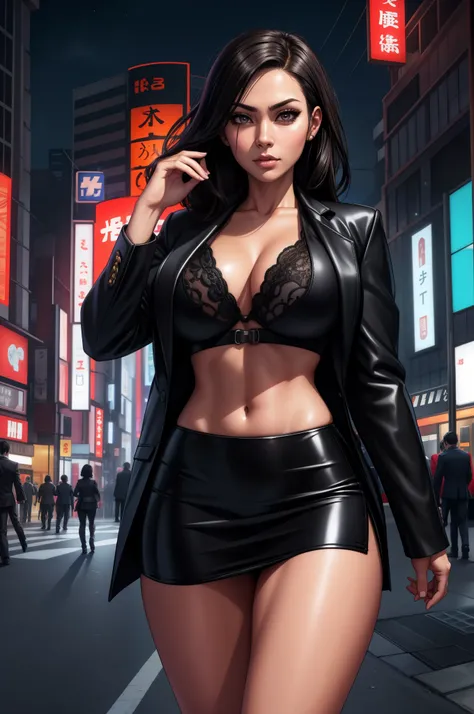 japanese yakuza mobster girl with a dark gray suit, miniskirt, pencil skirt, facial scar, stylish, hdr, intricate details, hyperdetailed, cinematic, rim light, danger atmosphere, noir, night, cyberpunk lighting, tokyo street,