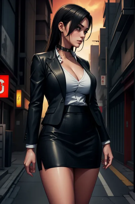 japanese yakuza mobster girl with a dark gray suit, miniskirt, pencil skirt, facial scar, stylish, hdr, intricate details, hyperdetailed, cinematic, rim light, danger atmosphere, noir, night, cyberpunk lighting, tokyo street,