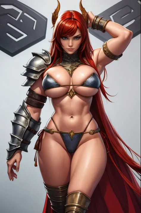 barbarian in chainmail bikini, red hair, full body shot, fully armoured, blank background, white background
