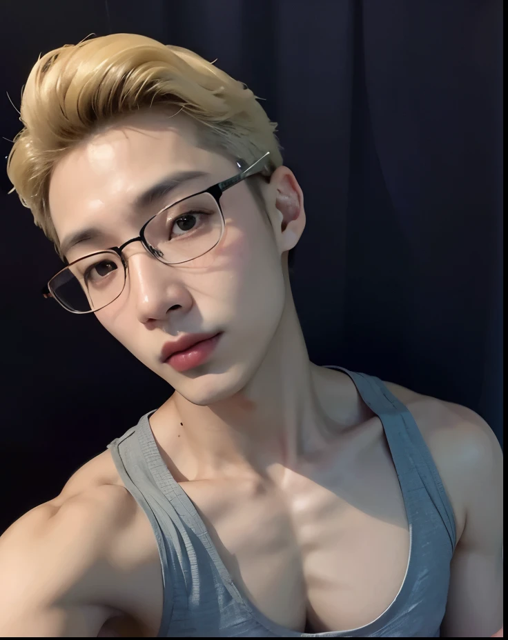 trimmed man in glasses and tank top posing for a photo, Cai Xukun, Hsiao-ron, Jinyoung Shin, Hong junho hyung, profile picture with headshot, homem sul-coreano, hyung tae, taejune kim, brilhante da chuva, inspirado em jeonseok lee, half body head shot, 27 ...