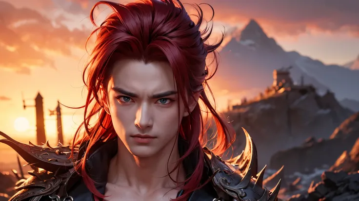 An 8k masterpiece, highest resolution, every detail, meticulous detail, depth of field, bright colors, beautiful composition: stunning take on an anime character Gohan with brilliant red hair and beautifully detailed glowing eyes, standing against a dark a...