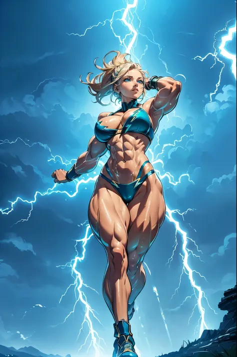 (best quality,4k,8k,highres,masterpiece:1.2), ultra-detailed, (realistic,photorealistic,photo-realistic:1.37),( muscle girl), (muscular), (muscular armuscular legs),(abs), fullbody image, showing her muscles,(bikini),(thunder power:1.5),(electrifying body:...