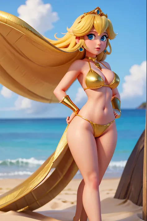 princess peach,gold bikini,beach,realistic textures,standing,thin hips, thick thighs,blue eyes
