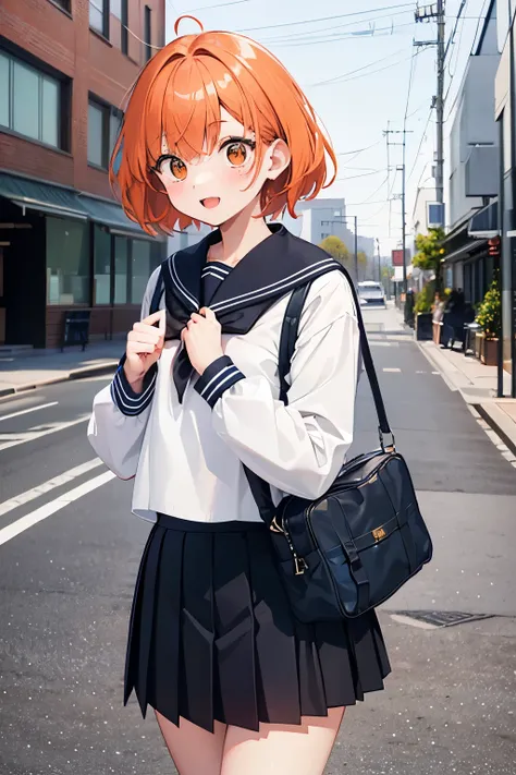 （In 8K, best quality, muste piece:1.2)、ultra high resolution,anime,official art,detailed hand fingers,1 Very cute and beautiful girl, ultra-detailed face,fine eyes,many white eyes, and a small black pupil in the middle of the eyes, cute,(Orange Hair),short...