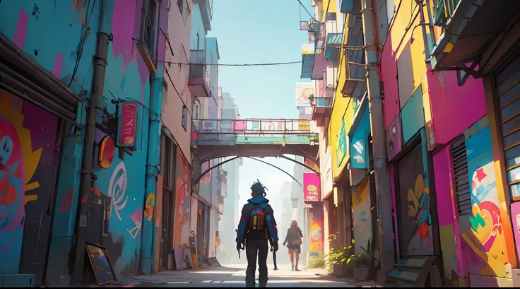 Illustration de tendance，en style graffiti，vibrant de couleurs，Superbe collection，Converger vers le centre，urban buildings，porter du cyberpunk