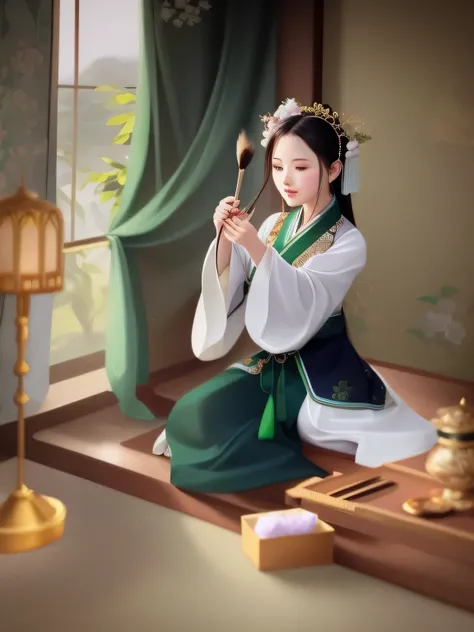 painting of a woman in a green and white dress playing a musical instrument, palace ， a girl in hanfu, beautiful character painting, traditional painting, traditional beauty, hanfu, detailed painting 4 k, wearing ancient chinese clothes, artwork in the sty...