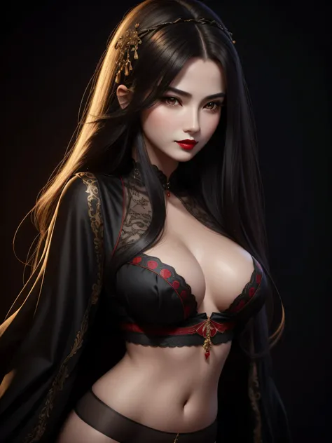 Um retrato 3D realista de uma mulher sensual com seios fartos, vestindo uma blusa decorada e uma pequena, Seu longo, cabelos escuros e elegantes caindo em cascata, com uma marca de batom vermelho, the image focusing on the waist area, sua pele clara contra...