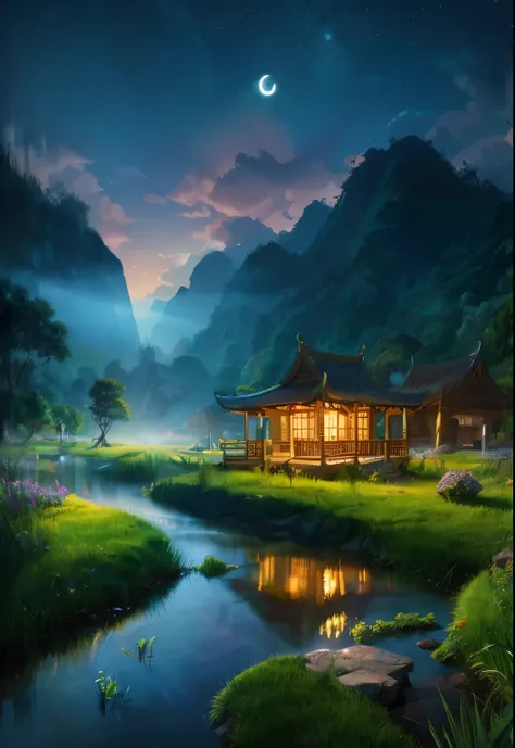 Night view with Asian house, vietnam, vietnam, Ha Giang Province, Moon, Lake in the foreground, calm night, Green and blue, Digital Illustration, 4K highly detailed digital art, nighttime scene, anime art wallpaper 4k, anime art wallpaper 4k, 4k detailed d...