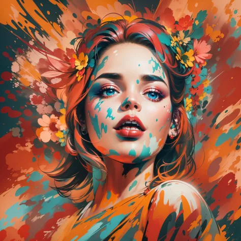 Crea una obra de arte digital en estilo pop art., presentando a una mujer vibrante y segura con maquillaje atrevido y moda colorida, Cinematic color scheme, rodeado de patrones florales abstractos, Energetic brushstrokes,Mood should be dynamic.