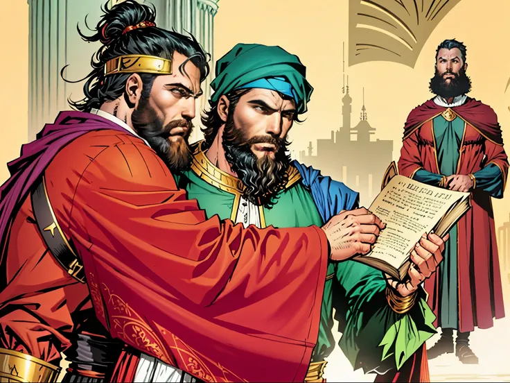 There is a man with a beard holding a book. Beside the man there is a servant. There&#39;s another man standing. biblical costumes. Biblical setting. biblical style. comic book style, Estilo anime.