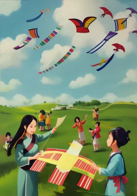 painting of a woman and  flying kites in a field, kites, traditional painting, traditional art, on a sunny day, by Ruth Jên, by Ju Lian, do hoang tuong artwork, by Kim Du-ryang, hoang lap, colorful kids book illustration, by Ni Zan, by Yi Insang, dital pai...