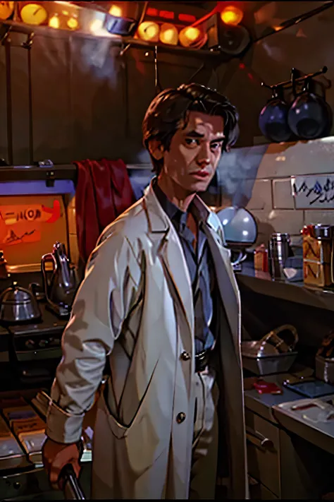 A 2D stylized scientist at a research laboratory holding a flamethrower, 80s retro, blonde male, in a lab coat, dark, horror-themed, adult