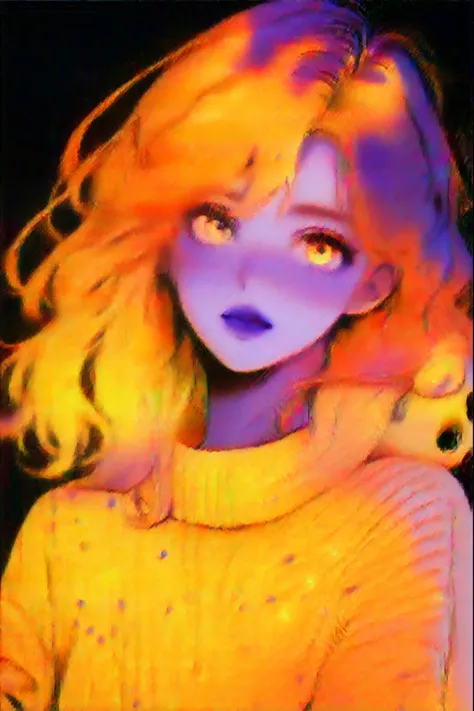 illustrator, anime , realistic ,sketch , 1girl, ,lip, Sweater,order, Blue gradient background, Neon hair,Textured crop, Canadian, (masterpiece,best quality)