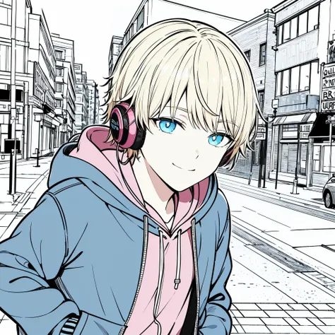 portrait, masterpiece,1 boy,alone,incredibly absurd,pink hoodie,headphones, street, outdoors, neon light, light smile, hoodie, put one&#39;s hand in one&#39;s pocket, look away, Landscape, line drawing, blue eyes, blonde hair