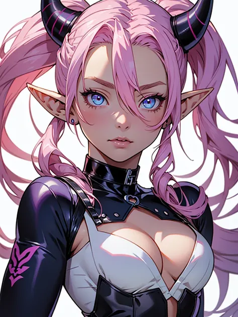 medieval anime art, masterpiece, best quality, female, solo, detailed composition, detailed eyes, portrait, detailed hair, (((white background))), glowing blue eyes, pink hair with pig tails, succubus, small horn, small breasts, young, wearing purple latex...