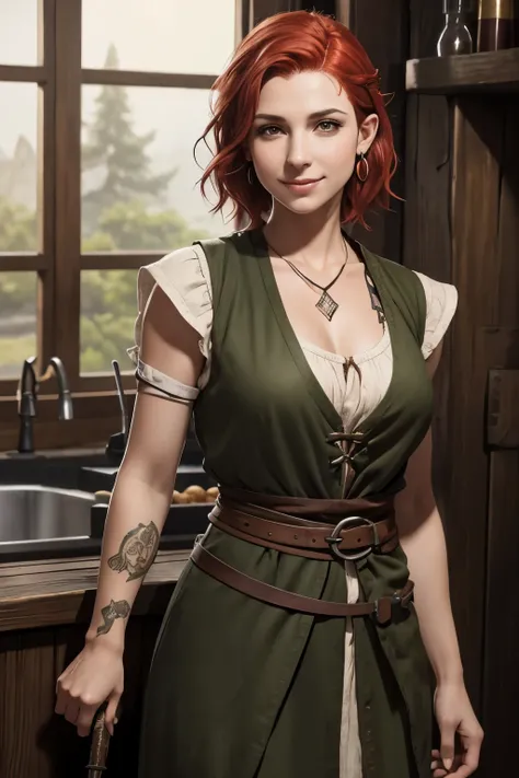 medieval, realistic, 25 years female, clear skin, (red hair, short hair, slight waves hair, shaved hair on the sides), earrings, medium breasts, (brown eyes, thin eyebrows, smiley expression, big nose, full mouth, blush), tattoo on arms, ranger, (tavern ke...