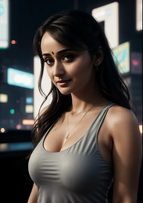 Looks like Tridha Chaudhary, arafed woman in a tank top standing in front of a city at night, cyberpunk beautiful girl, cyberpunk 2 0 y. o model girl, dreamy cyberpunk girl, beautiful cyberpunk girl face, cyberpunk art ultrarealistic 8k, the cyberpunk girl...