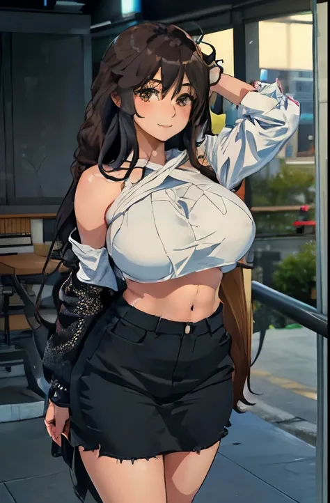 anime, portrait of a 28 year old woman taking a selfie, mischievous smile, long hair, dark hair color, stylish hairstyle, side hair long lush hair, long curls of hair pulled to the sides, Braids within the hair, curvy body, proportional body, sexy girl, be...