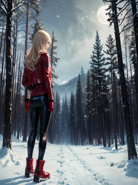 Back woman. blond hair. Red leather jacket. Black pants. Full body. (Background, snow, gloomy forest, wolves, full moon)