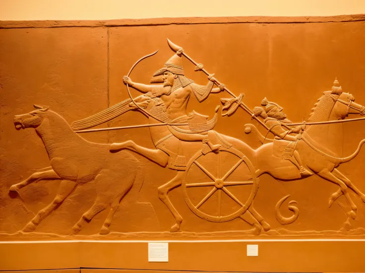 arafed relief of a man on a chariot with a horse and a man on a horse, assyrian, ancient mesopotamian warrior, bas - relief, museum piece, bas relief, stone relief, dissection relief, exhibited at the british museum, relief sculpture, artist unknown, displ...