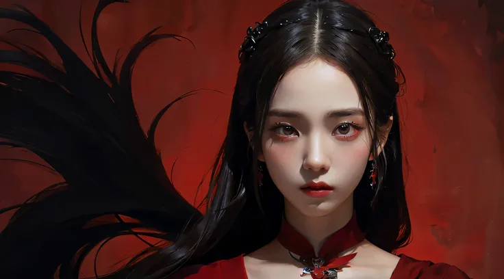 (best quality, highres:1.2), realistic, red dress, black hair, black eyes, asian face, red theme, red background, red princess, intense gaze, intense style, elegant posture, flowing dress, detailed facial features, long eyelashes, contrast, fine details, d...