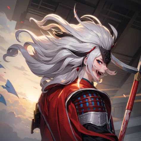 white hair, anime character with a red mask and a red cape holding a scythe, villain wearing a red oni mask, onmyoji portrait, onmyoji detailed art, demon samurai, samurai with demon mask, the red ninja, demon samurai warrior, onmyoji, inspired by Tōshūsai...