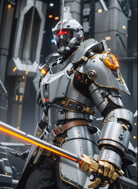 Fantasy cyberpunk world，1 Mechanical Miracle，defend world order；Samurai Mechanical Armor，Equip transparent weapons，Streamlined black and red design，Wearing a black cloak，A big portion for 1 person，Art of the highest quality，8K ultra-high resolution，Dynamic...