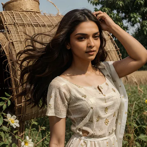 Deepika padukone from chapak in fields of punjab on a sunny day wearing a yellow suit