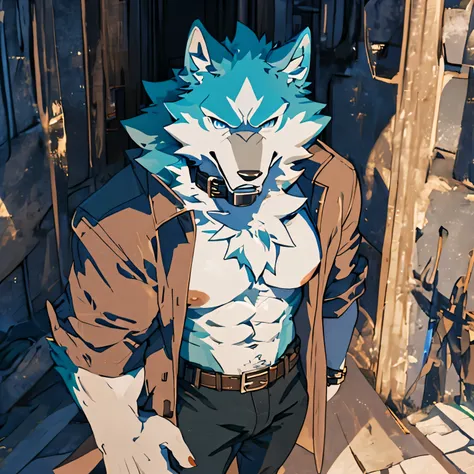 (obra de arte, ultra detalhado, melhor qualidade), lobo, peludo, Pele ciano, peito branco, mamilo, olhando para o espectador, fundo da floresta, forest scenery, rosto sexy, pants, sem camisa, shirou ogami