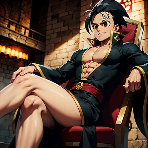 Zeldris from Nanatsu no taizai wearing a black robe sitting sloppily on a chair with an evil smile 