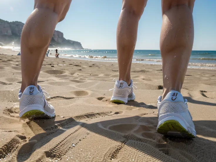 (Alta calidad,8K,HD,buen enfoque),piernas arenosas,persona corriendo,vivid colors,higher detail,resolution,textura arenosa aguda,huellas detalladas,strong muscles,Fast pace,fondo borroso,sudor en las piernas,zapatos para correr,Physical exertion,athletic a...