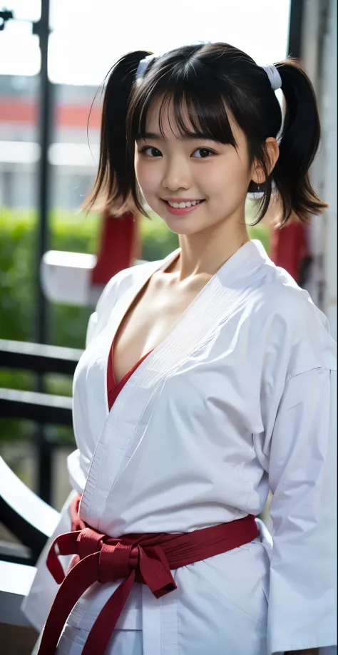 （8k、Raw photography、highest quality、masterpiece：1.2),(black haired、very short hair:1.8),show viewer,Looking at the front,erotic,白いskin,(wearing a karate kimono:1.7)、(dojo)、(Clothing that emphasizes the shape of your chest、publish one&#39;skin:1.6)、(big :1....