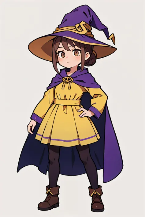 Masterpiece, Best quality, 1 girl, low, dwarf, brown hair tied up in a bun, yellow dress without decorations, Purple Cloak,  Purple witch hat, enchantress, full body, character concept, character design