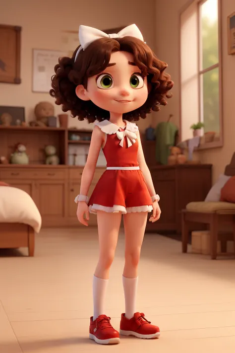  3d character, 8 years old girl, red dress with white bows with bulging shoulders, white skin with a short curly brown hair, with an olive green eye color, front position with a slim body, with bow in the hair, full body.