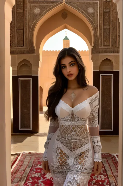 a beautifull girl ,24-year-old arabic woman ,sexy underweare, at bedroom ,standing gracefully in front of a historic moroccan mo...