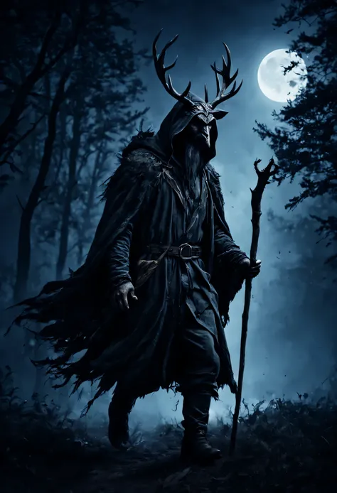 (forest, dark and detailed,(hooded odin with antlers hidden among the trees with a walking stick, raven on his shoulder:1.3),waiting to attack the moonlight,high saturation,moonlight,ominous atmosphere, fog, shadows, dark)